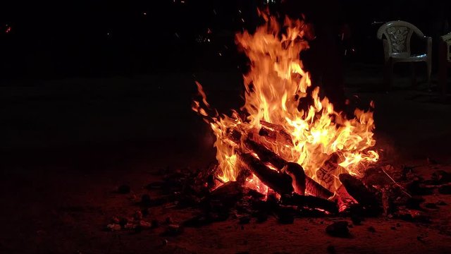 Burning Lohri / Holi bonfire to celebrate, Punjabi festival of harvest in north India. Celebrated by newly weds in winter season with popcorn, sesame chikki and peanuts groundnuts as prasad offering