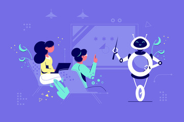 White robot explain lecture with pointer