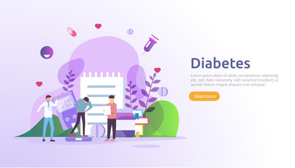 Diabetes mellitus monitoring concept. sugar level blood measures with glucose testing meter. insulin injection treatment and diet control therapy. illustration template for web landing page