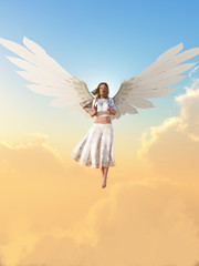 A guardian angel spreads its wings and flies among the heavens. Feminine appearance, it wears a white gown, a halo of light around its head.  3D Rendering
