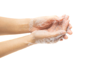 Washing hands with saop on white background in hygiene concept