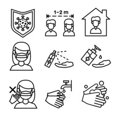 Covid-19, coronavirus Prevention Icon for stopping the virus infection and spreading. Social distancing, stay home, wear protection mask, hygiene hand.vector illustrator.