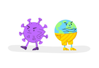 Coronavirus covid-19 economic crisis concept - angry virus and sad planet Earth, global financial situation in the world - funny flat cartoon character spot illustration - vector