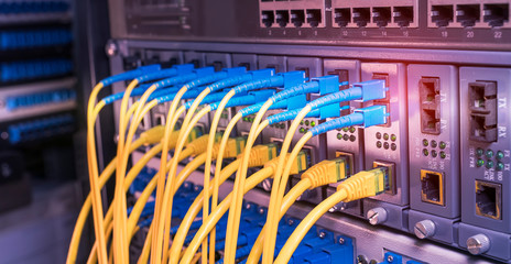 Fiber Optic cables connected to an optic ports and Network cables connected to ethernet ports