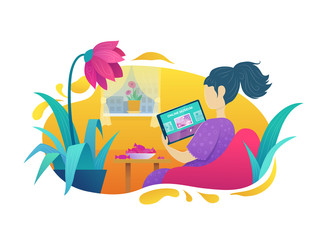 Online tour of museum. Woman visiting art exhibition with tablet computer at home in comfort. Virtual museum and art gallery interactive tour vector illustration. Stay home in quarantine concept.