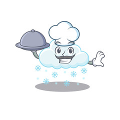 Snowy cloud chef cartoon character serving food on tray