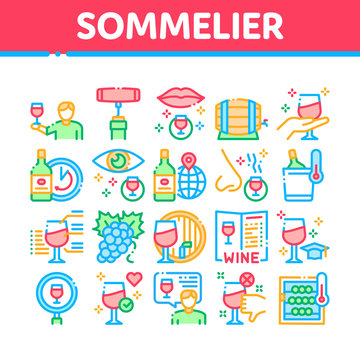 Sommelier Wine Tasting Collection Icons Set Vector. Sommelier Hold Glass With Alcoholic Drink, Barrel And Corkscrew, Grape And Bottle Concept Linear Pictograms. Color Illustrations