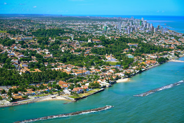 Milagres beach, Olinda, near Recife, Pernambuco, Brazil on March 1, 2014. Aerial view