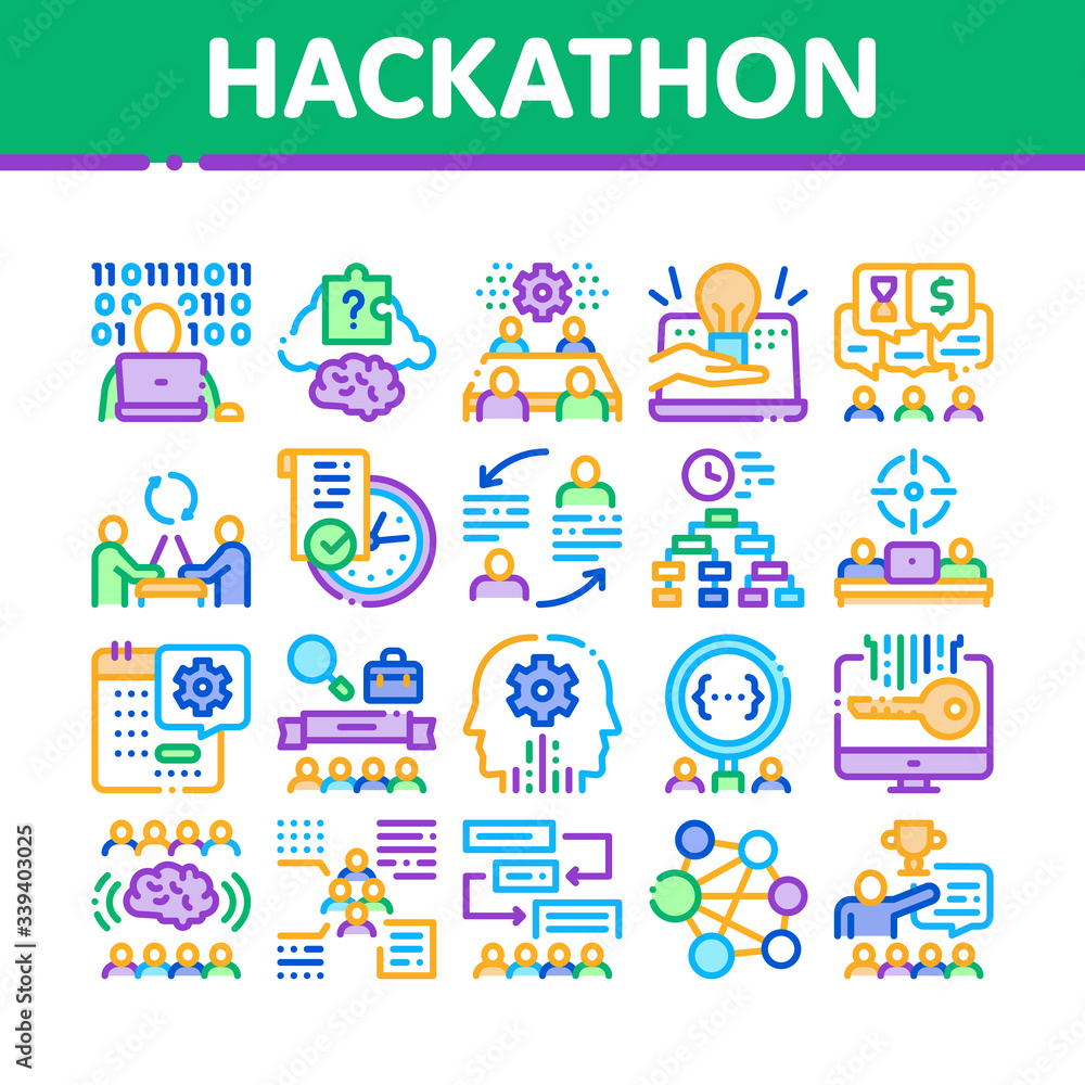 Aufkleber hackathon development collection icons set vector. hackathon business, developer coding and brainsto