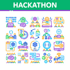 Fototapeta premium Hackathon Development Collection Icons Set Vector. Hackathon Business, Developer Coding And Brainstorm, Meeting And Idea Concept Linear Pictograms. Color Illustrations