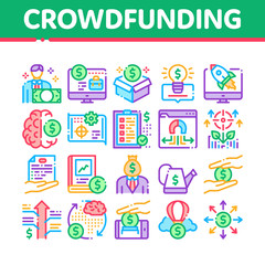 Crowdfunding Business Collection Icons Set Vector. Crowdfunding Financial Web Site And Book, Dollar Banknote And Coin, Brain And Box Concept Linear Pictograms. Color Illustrations