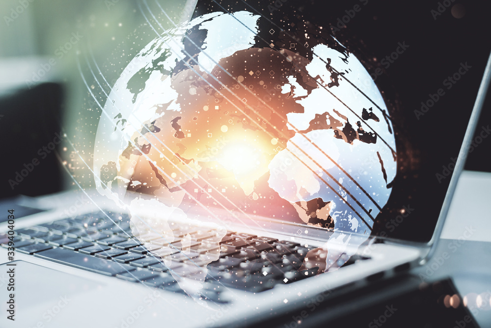 Fototapete multi exposure of abstract graphic world map on modern computer background, big data and networking 