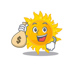 Rich summer sun cartoon design holds money bags