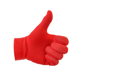 Red glove showing the thumbs up sign for good job isolated on white with clipping path