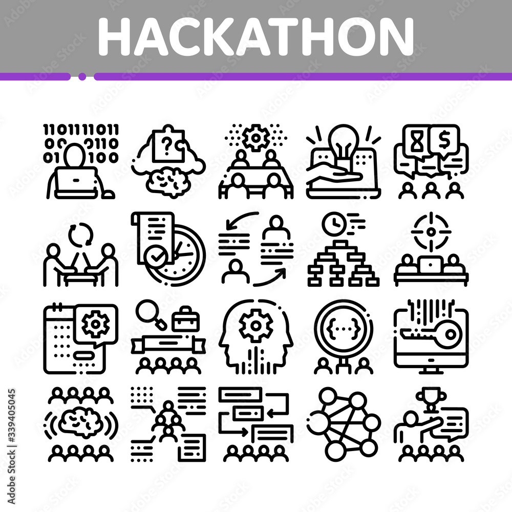 Aufkleber hackathon development collection icons set vector. hackathon business, developer coding and brainsto