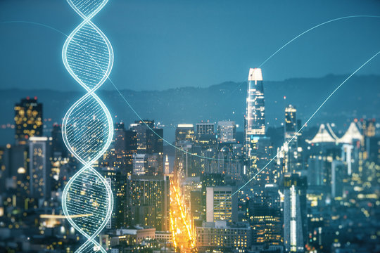 Double exposure of creative DNA hologram on San Francisco city skyscrapers background. Bio Engineering and DNA Research concept