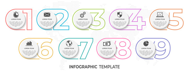 Modern infographic template thin line style, with numbers and circle 9 options.