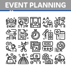 Fototapeta na wymiar Event Party Planning Collection Icons Set Vector. Planning Travel And Delivery, Concert And Theater, Calendar, Photo Cards And Stopwatch Concept Linear Pictograms. Monochrome Contour Illustrations