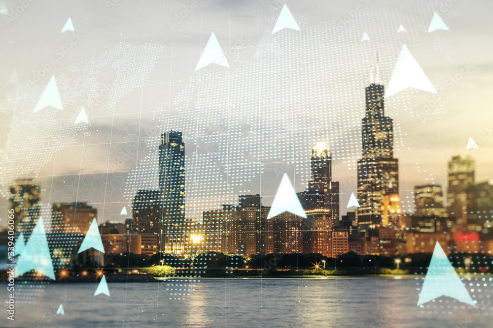 Poster abstract virtual geolocations map hologram on chicago skyline background. gps tracking and navigatio