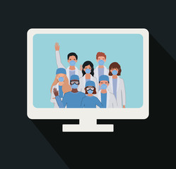 Men and women doctors with uniforms masks and glasses inside computer vector design