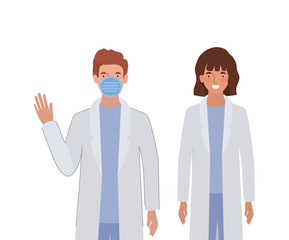 Man and woman doctor with uniforms and mask vector design