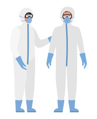 Doctors with protective suits glasses and masks against Covid 19 vector design