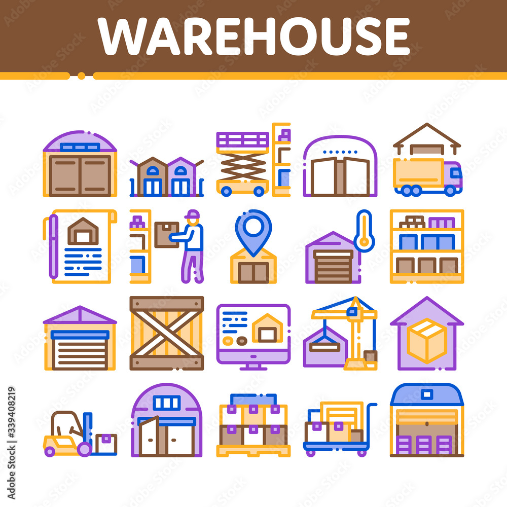 Poster warehouse and storage collection icons set vector. warehouse building and construction, wooden box a