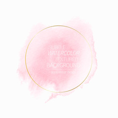 Pink watercolor background with golden round frame. Beautiful logo or wedding invitation design .