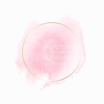 Pink watercolor background with golden round frame. Beautiful logo or wedding invitation design .