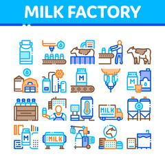 Milk Factory Product Collection Icons Set Vector. Cow And Milk In Can, Conveyor And Plant, Bottle And Package, Truck Delivery And Machine Concept Linear Pictograms. Color Illustrations