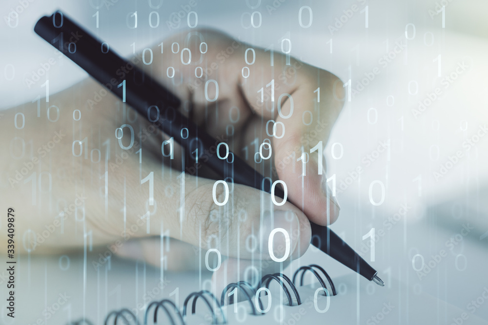 Poster creative concept of binary code illustration and man hand writing in notebook on background. big dat
