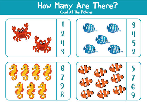 Educational worksheet for preschool kids. Count sea animals. Math game for children.
