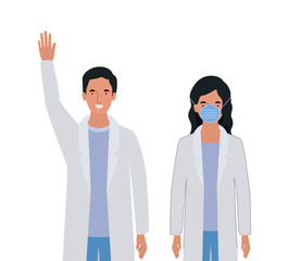 Man and woman doctor with uniforms and mask vector design