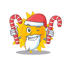 Friendly summer sun in Santa Cartoon character holds Christmas candies
