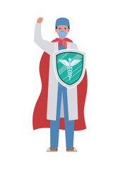man doctor hero with cape and shield against 2019 ncov virus vector design