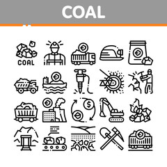 Coal Mining Equipment Collection Icons Set Vector. Coal Truck Delivery And Conveyer, Helmet And Jackhammer, Excavator And Factory Concept Linear Pictograms. Monochrome Contour Illustrations