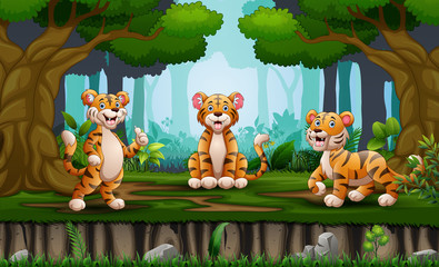 Cartoon tree tigers enjoying in the jungle
