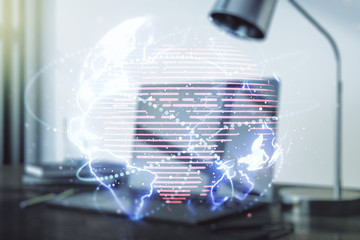 Double exposure of abstract digital world map with connections on computer background, big data and blockchain concept