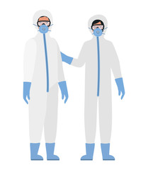 Doctors with protective suits glasses and masks against Covid 19 vector design