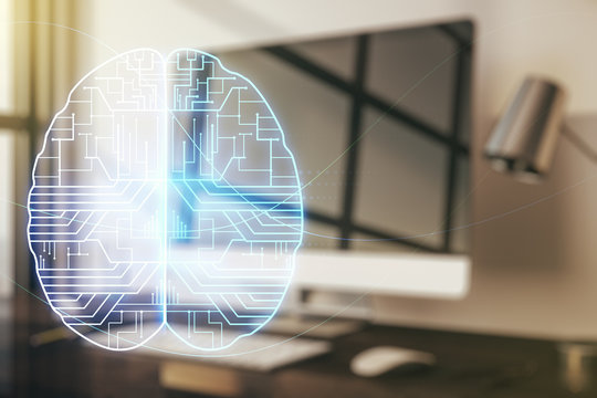 Double exposure of creative artificial Intelligence symbol with modern laptop on background. Neural networks and machine learning concept