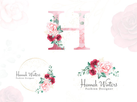 Watercolor gold floral logo set for initial H of soft flowers and leaves. Premade flowers badge, monogram, and brush stroke for branding