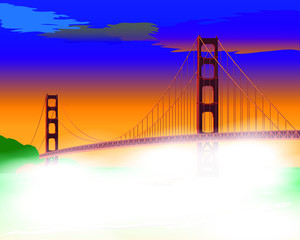 Bridge at dawn in the fog. Golden Gate Bridge isolated vector illustration San Francisco California United States of America. For design cards