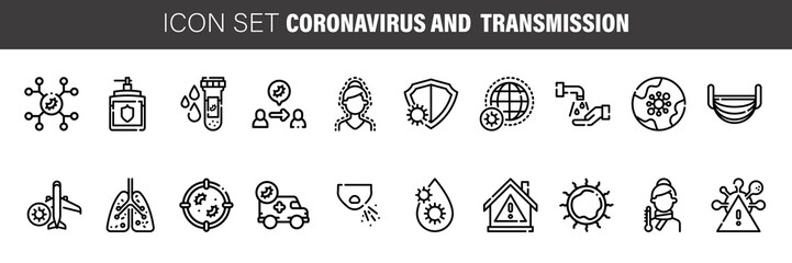 Coronavirus line icon set for infographic or website. Covid-19 symptoms, transmission and precauion outline icons. Virus pandemic vector illustrations. 2019-nCoV prevention tips mask, wash hands.
