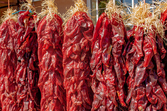 Roadside hatch red chile ristras in Albuquerque New Mexico