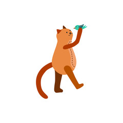 A cute cat character looks like a man. The kitten stands sideways on its hind legs and holds a bird in front of its face. The animal moves forward and looks at the tit. Cartoon vector illustration.