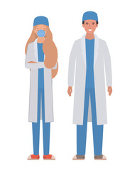 Man and woman doctor with uniforms and mask vector design