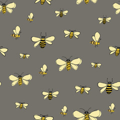 Bees flying around on light gray background seamless vector pattern surface design honeybees