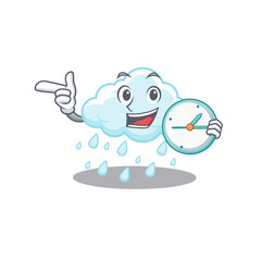 Cloudy rainy mascot design concept smiling with clock