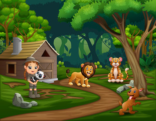 Obraz na płótnie Canvas Safari girl with animals at the forest