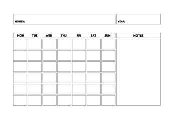 Blank Monthly Calendar Template, Undated Monthly Planner, Organizer, Sunday Start Calendar, Black & White Monthly Calendar Planner, Shedule, Customizable Digital Planner, Printable Digital Calendar